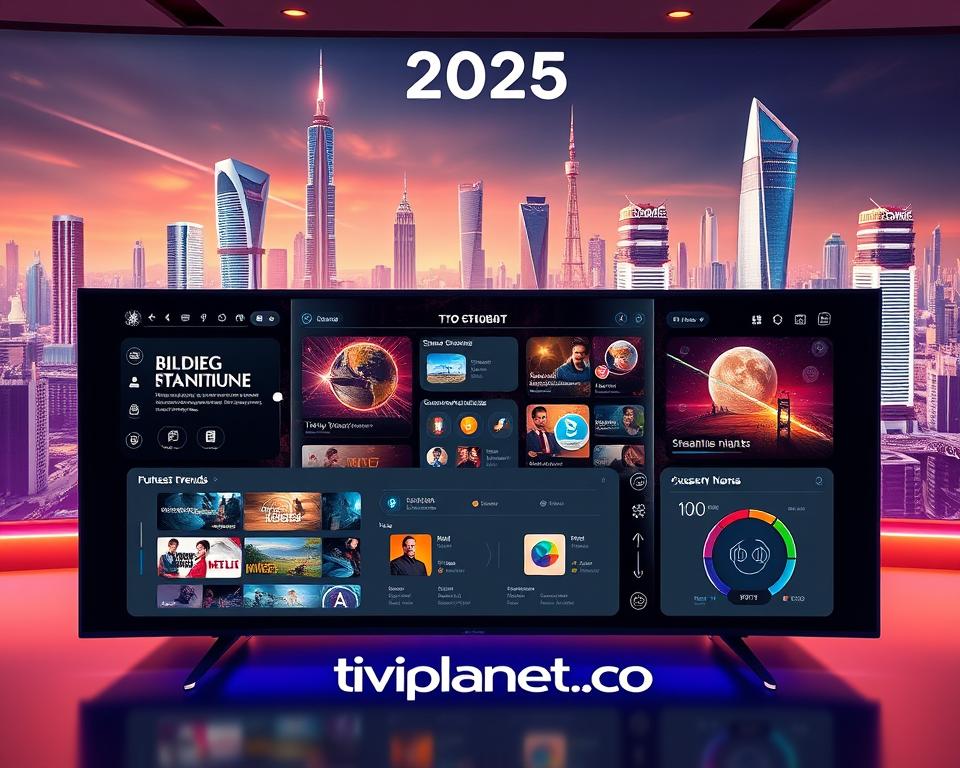 A 3D render of a futuristic IPTV dashboard, showcasing the latest trends and technologies for 2025. In the foreground, a sleek and intuitive user interface with customizable widgets, seamless streaming options, and personalized recommendations. In the middle ground, innovative features like multi-device synchronization, voice controls, and integrated smart home functionalities. In the background, a cityscape of gleaming skyscrapers and futuristic infrastructure, hinting at the ubiquity of IPTV in the urban landscape. The scene is bathed in a warm, vibrant color palette, conveying a sense of progress and optimism. The tiviplanet.com brand is prominently displayed, highlighting its position as a leader in the IPTV market.