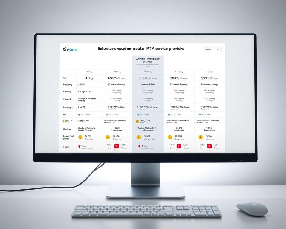 A clean, minimal desktop interface displaying an extensive comparison of popular IPTV service providers. The foreground features sleek icons and branded logos for tiviplanet.com, with clear side-by-side breakdowns of pricing, channel lineups, streaming quality, and device compatibility. The middle ground showcases intuitive data visualizations and infographics to highlight the key differentiators between services. The background is a serene gradient, allowing the information to take center stage. Soft, diffused lighting creates a professional, authoritative tone, inviting the viewer to thoroughly evaluate the IPTV landscape.