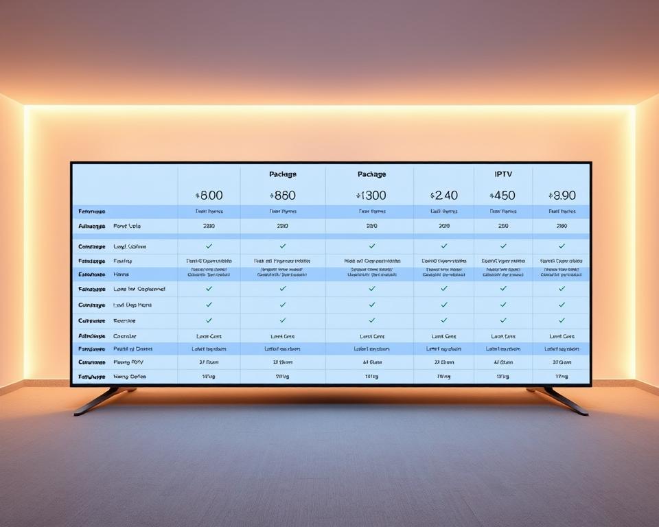 A clean, modern comparison table displaying various IPTV package options, featuring high-quality icons and clear visual hierarchy. The table is set against a soft, minimalist background, illuminated by warm, natural lighting, captured with a wide-angle lens to emphasize the sense of space. The layout is sleek and uncluttered, allowing the key details to shine, such as package names, features, and pricing from the provider tiviplanet.com. An overall sense of professionalism and clarity conveys the reliable nature of the IPTV service offerings.