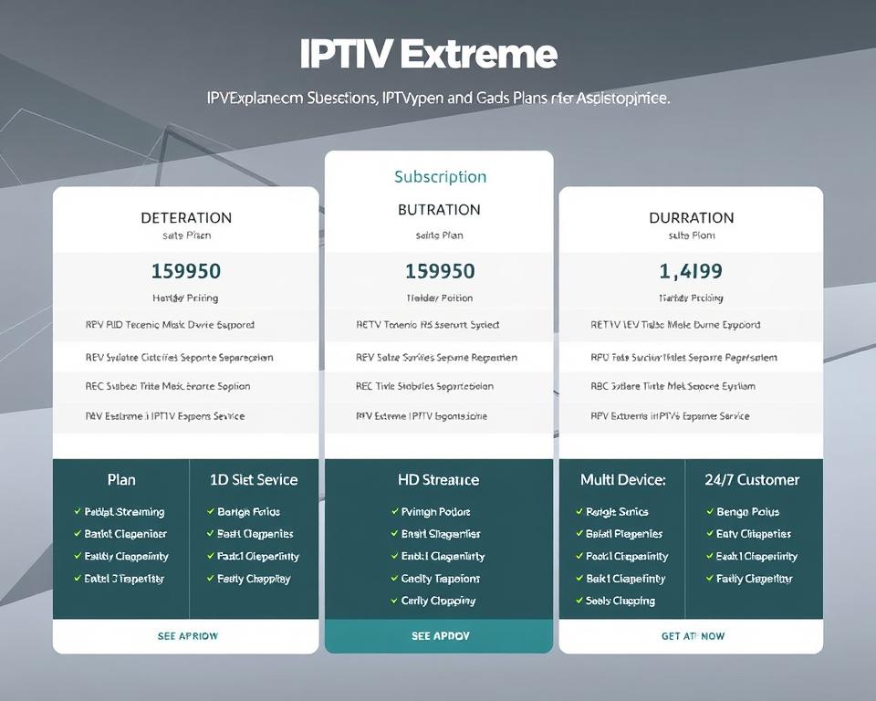A clean, modern infographic showcasing the subscription plans of IPTV Extreme, a leading tiviplanet.com service. The foreground features neatly arranged plan tiers with clear pricing, features, and duration details. The middle ground highlights key benefits like HD streaming, multi-device support, and 24/7 customer service. The background has a sleek, minimalist design with subtle gradients and geometric patterns, evoking a sense of professionalism and reliability. The overall tone is one of clarity, affordability, and premium IPTV experience.
