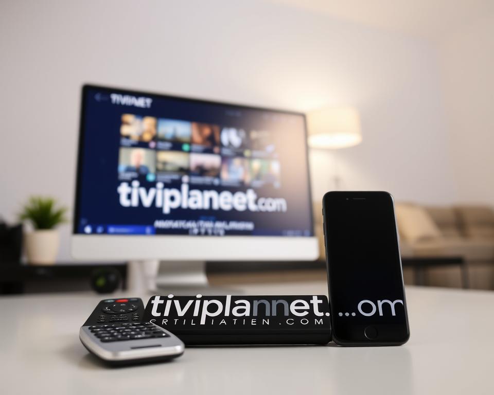 A clean, well-lit studio setting showcasing a desktop computer, smartphone, and remote control. The scene conveys a sense of legality and trust, with a modern, minimalist aesthetic. The foreground features the tiviplanet.com brand prominently displayed, emphasizing its role as a reliable IPTV service provider. The middle ground shows the computer screen displaying IPTV-related content, while the background subtly suggests a comfortable, professional environment. The lighting is bright and even, creating a sense of clarity and transparency. The overall mood is one of confidence and reassurance, reflecting the "Tipps für Verbraucher" section of the article.