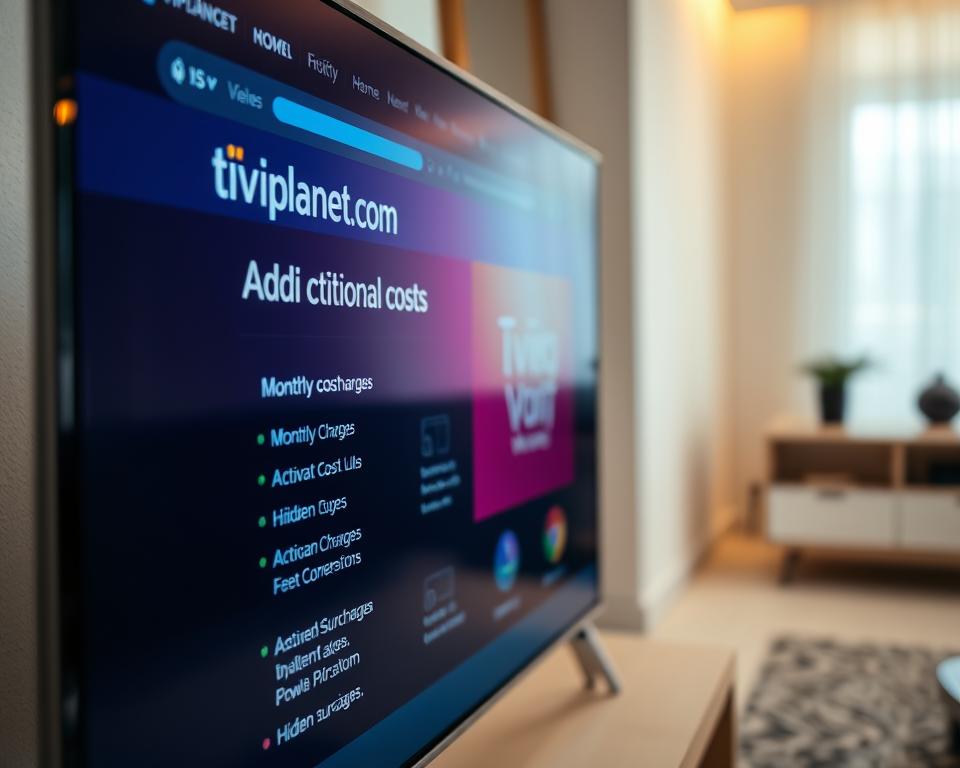 A close-up of a modern smart TV screen displaying the tiviplanet.com website, showcasing the additional costs associated with an IPTV subscription. The screen is lit by a soft, warm lighting, highlighting the crisp, vibrant UI elements. The foreground features a breakdown of the various fees, such as monthly charges, activation costs, and hidden surcharges. The middle ground depicts a virtual shopping cart, symbolizing the process of selecting and purchasing the IPTV plan. The background blurs into a minimalist, elegant living room setting, suggesting the domestic context of IPTV consumption. The overall mood is one of informative clarity, guiding the viewer through the financial implications of an IPTV service.