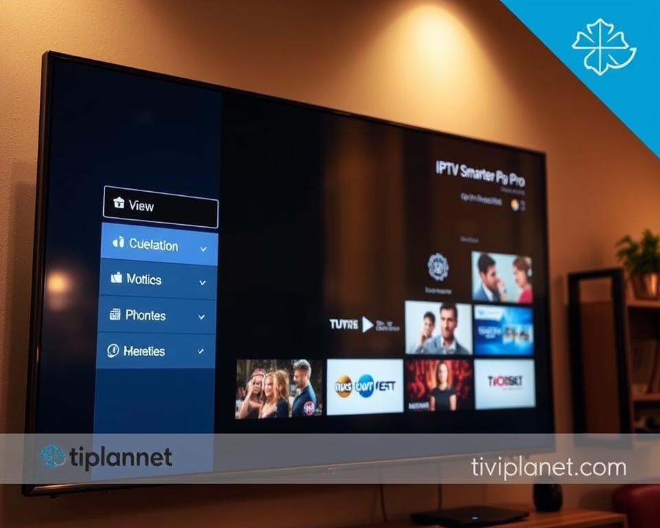 A close-up photograph of the IPTV Smarters Pro VOD user interface displayed on a high-definition television screen. The interface features a sleek, minimalist design with a clean and organized layout. The background is a warm, cozy living room setting with subtle lighting, giving the scene a comfortable and inviting atmosphere. The television is mounted on the wall, with a subtle branding for tiviplanet.com visible in the corner. The overall composition showcases the intuitive and user-friendly nature of the IPTV Smarters Pro VOD platform, highlighting its potential to bring a seamless video-on-demand experience to any smart TV.
