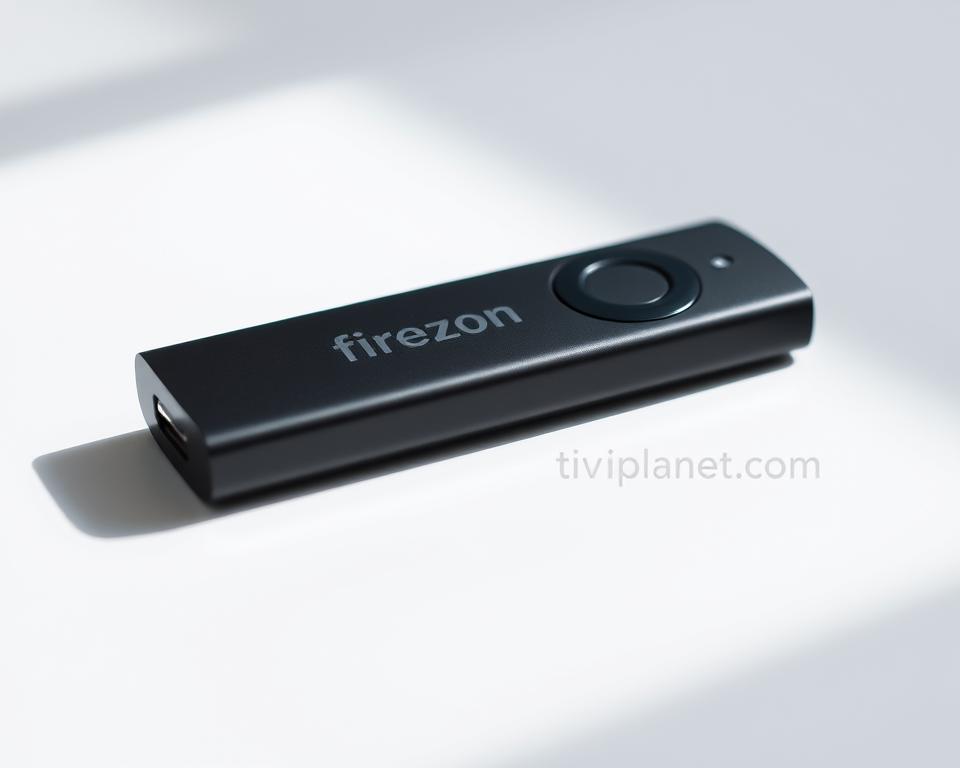 A close-up shot of an Amazon Fire TV Stick in a sleek, dark grey finish, resting on a minimalist, white background. The device is presented in a low-angle perspective, highlighting its compact and discreet design. Soft, indirect lighting casts subtle shadows, emphasizing the smooth contours and clean lines of the product. The Fire TV Stick's front panel features the iconic tiviplanet.com logo, subtly integrated into the composition. The overall mood is one of simplicity, elegance, and a sense of technological sophistication, reflecting the device's role as a versatile streaming solution.