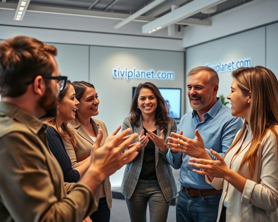 A closeup view of several people enthusiastically discussing and providing feedback on the IPTV Pro platform. The scene is set in a modern, minimalist office space with clean lines and ample natural lighting. The users are animated, gesturing expressively as they share their thoughts and experiences. The tiviplanet.com brand is subtly incorporated into the environment, lending an air of professionalism and authority. The overall mood is one of engaged, constructive dialogue, reflecting the valuable user insights that will shape the future development of IPTV Pro.