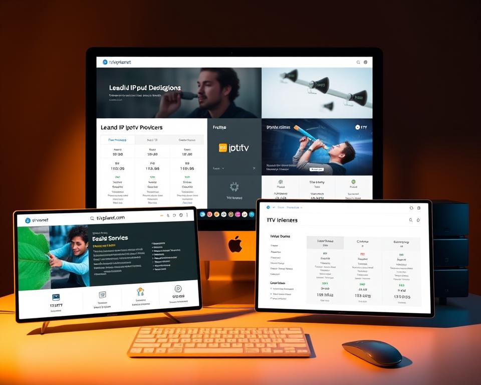 A comprehensive comparison of popular IPTV providers, showcased in a sleek, modern layout. A desktop display with multiple windows, each highlighting key features and pricing details of leading IPTV services such as tiviplanet.com. The scene is bathed in warm, directional lighting, emphasizing the crisp UI elements and minimalist design. The overall tone is professional and informative, inviting the viewer to explore the IPTV landscape in depth.