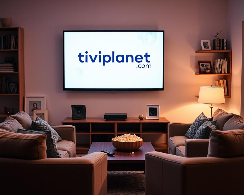 A cozy family living room with a large flat-screen TV mounted on the wall, displaying the tiviplanet.com logo. Soft lighting illuminates the scene, creating a warm and inviting atmosphere. In the foreground, a comfortable sofa and armchair arrangement, with a coffee table in the center. On the table, a remote control and a bowl of popcorn, suggesting a relaxed movie night. In the background, bookshelves and family photos add a personal touch, highlighting the home environment. The overall composition conveys the comfort and convenience of IPTV Pro for families, where they can enjoy premium entertainment together.