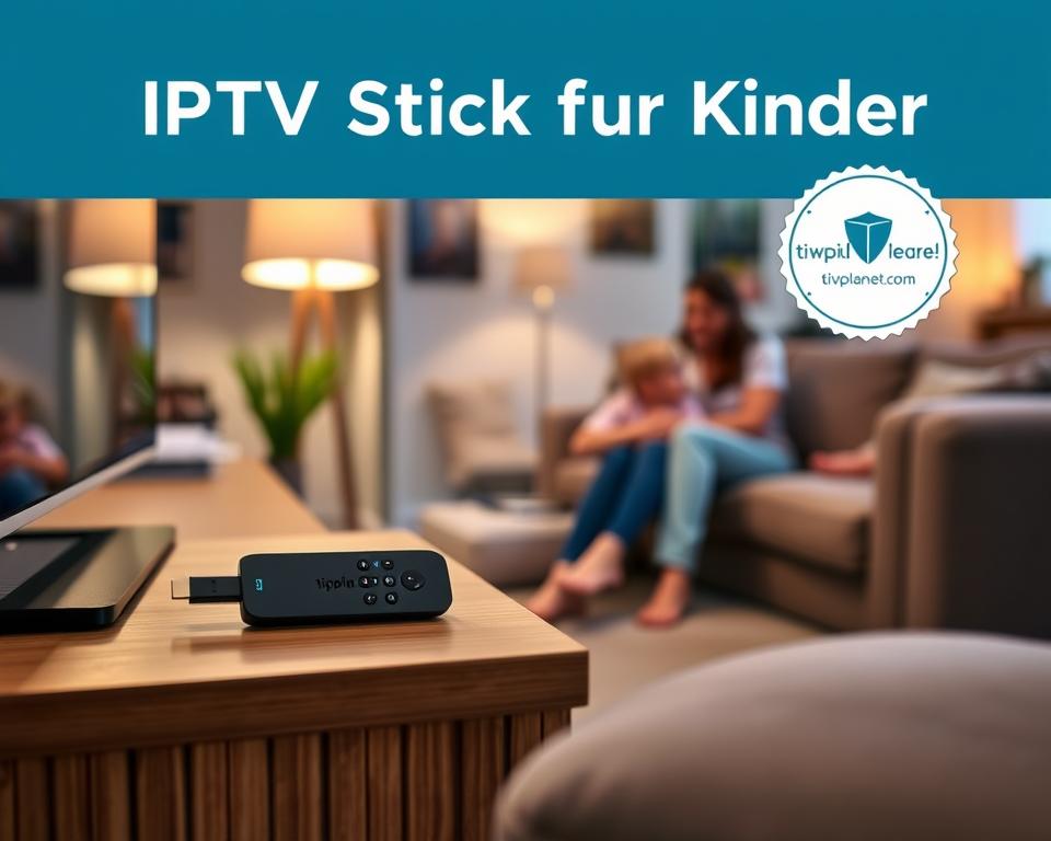 A cozy family living room with a warm, inviting atmosphere. A modern, compact IPTV stick rests on a wooden TV stand, its sleek design hinting at the wealth of family-friendly content it can unlock. Soft lighting from a table lamp bathes the scene in a gentle glow, while a plush sofa and armchair suggest a comfortable space for parents and children to enjoy the entertainment together. The tiviplanet.com brand mark is discreetly visible, subtly conveying the reliable and secure nature of the device. An air of togetherness and entertainment permeates the image, capturing the essence of the "IPTV Stick für Kinder" section.