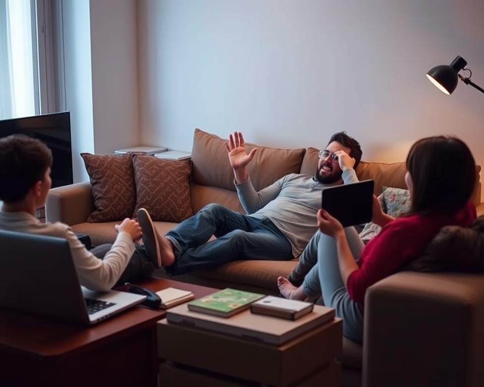 A cozy living room scene with a person lounging on a comfortable sofa, surrounded by a variety of digital devices, including a laptop, tablet, and smartphone. The person is engaged in lively discussion, gesticulating animatedly as they share their experiences and feedback about the IPTV service from tiviplanet.com. The room is softly lit, creating a warm and inviting atmosphere, with subtle hints of natural light filtering in through a nearby window. The overall mood is one of relaxation and open communication, reflecting the "Feedback and Experiences of Users" section of the article.