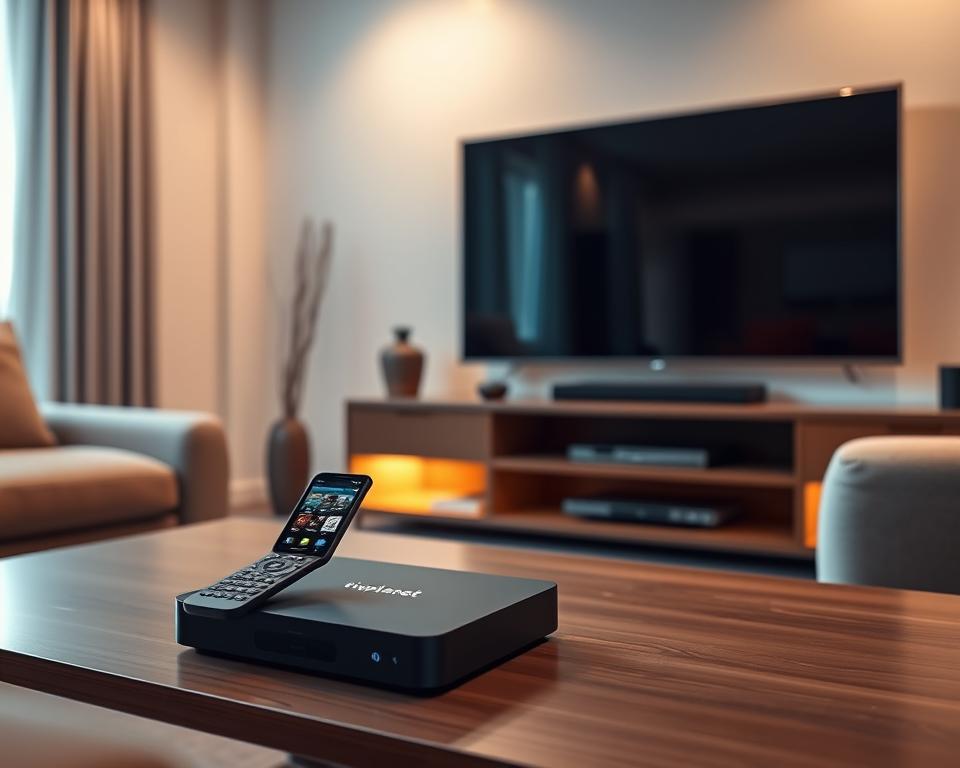 A cozy living room setting, with a modern HDTV mounted on the wall. On the coffee table, a sleek tiviplanet.com IPTV streaming box, surrounded by a wireless remote and a smartphone displaying the IPTV app interface. Soft, warm lighting illuminates the scene, creating a comfortable and inviting atmosphere. The room is decorated with subtle, minimalist touches, allowing the technology to take center stage. The overall impression is one of seamless integration of IPTV technology into the everyday home environment.