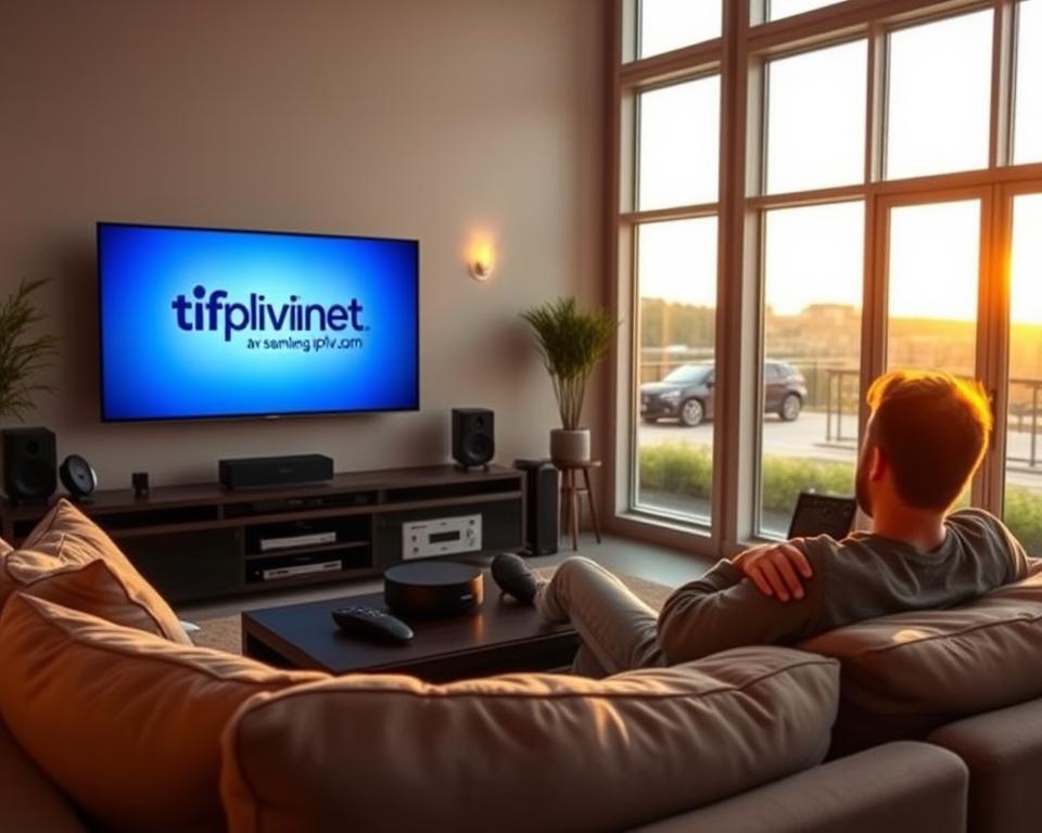 A cozy living room with a large flatscreen TV displaying the tiviplanet.com logo, surrounded by plush seating and warm lighting. In the foreground, a person relaxes on a comfortable sofa, enjoying the seamless IPTV experience. Tall windows let in natural light, creating a bright and inviting atmosphere. The middle ground features modern entertainment systems and streaming devices, highlighting the convenience and flexibility of IPTV. The background showcases a pleasant outdoor view, conveying a sense of tranquility and the comforts of home.
