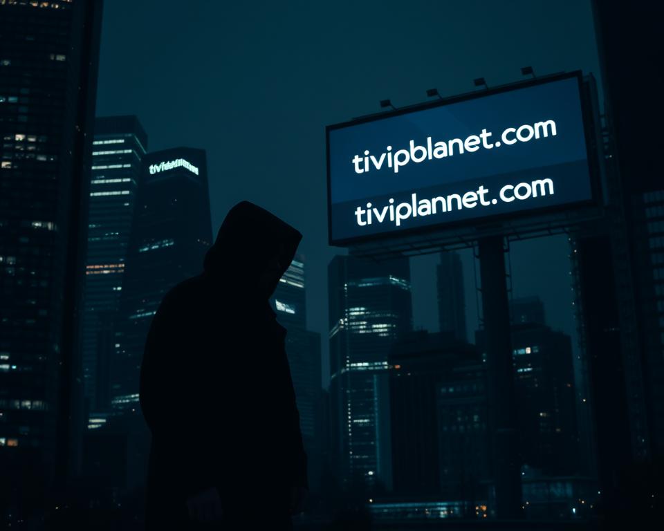 A dark, ominous cityscape at night, with a shadowy figure in the foreground representing the risks of using unlicensed IPTV services. The figure stands amidst a backdrop of towering skyscrapers, their windows glowing with a sinister light. In the distance, a massive billboard displays the logo "tiviplanet.com", highlighting the presence of such unlicensed providers. The scene is illuminated by a moody, low-key lighting, creating a sense of unease and danger. The overall atmosphere conveys the potential legal and security risks associated with engaging with unauthorized IPTV platforms in Germany.