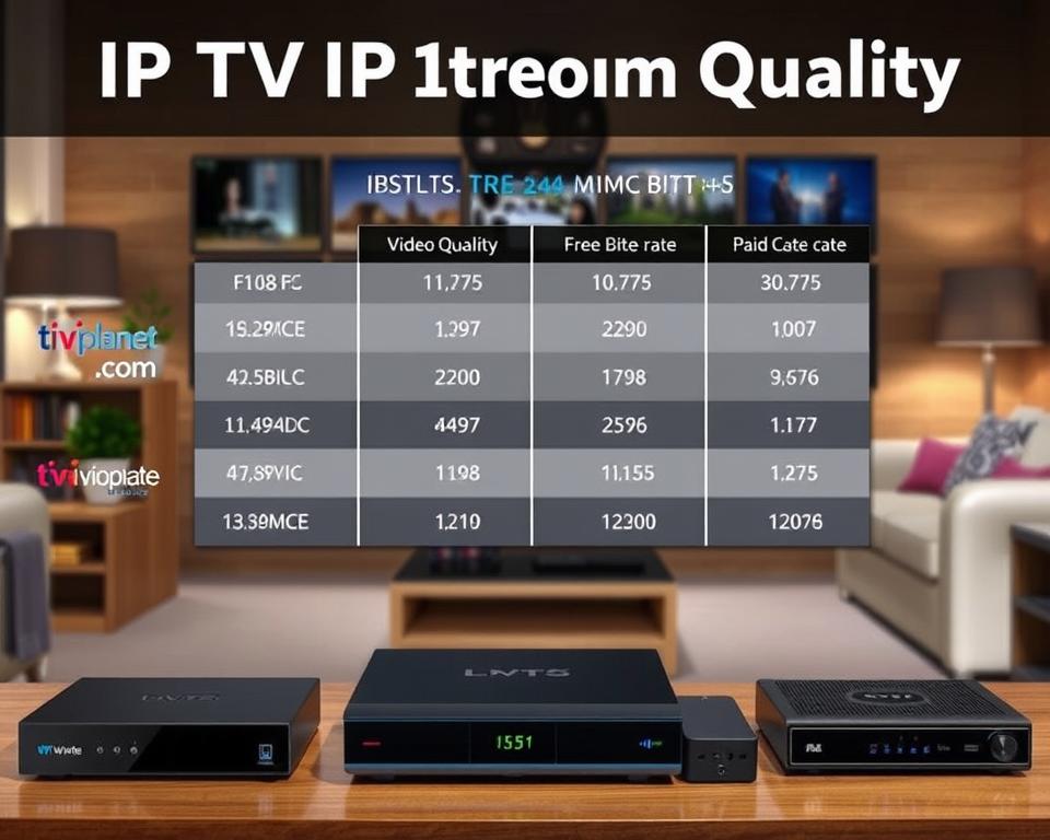 A detailed comparison of IPTV stream quality, showcasing the technical aspects that impact the viewing experience. In the foreground, several IPTV devices and streaming boxes are displayed, each with clear visual cues about their capabilities. The middle ground features a large display showing various video quality metrics, such as resolution, bitrate, and frame rate, to illustrate the differences between free and paid IPTV services. The background depicts a cozy living room setting, with a tiviplanet.com logo subtly integrated into the scene, creating a sense of professionalism and expertise. The overall mood is one of informative clarity, inviting the viewer to explore the nuances of IPTV stream quality.