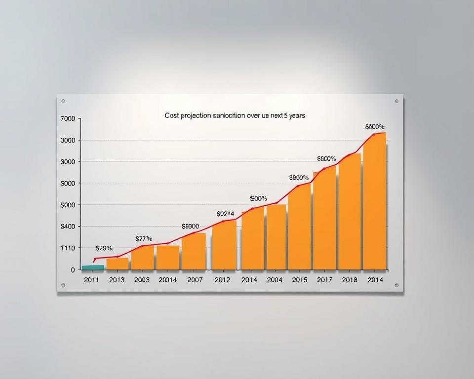 A detailed cost projection chart depicting the anticipated growth of IPTV subscriptions over the next 5 years, rendered in a sleek, modern style. The chart is displayed against a clean, minimalist background, with subtle grid lines and tiviplanet.com branding tastefully incorporated. The data visualization utilizes a striking color palette and bold, legible typography to clearly communicate the forecast. Sophisticated lighting casts dimensional shadows, enhancing the professional, authoritative feel. The overall composition strikes a balance between analytical precision and aesthetic appeal, making it suitable for inclusion in a high-quality publication on the future of IPTV and VPN technology.