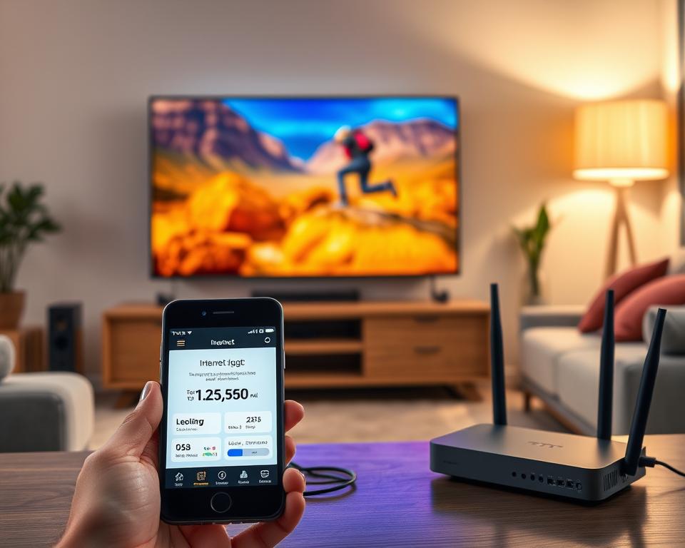 A detailed, high-resolution illustration of the impact of internet speed on IPTV service quality. A modern home entertainment setup is shown, with a large TV screen displaying vibrant, high-definition video content. In the foreground, a smartphone or tablet displays a website from the brand "tiviplanet.com", showcasing internet speed test results. The middle ground features networking equipment like a router and modem, emphasizing their importance in delivering reliable, high-bandwidth internet connectivity. The background depicts a cozy living room setting, with ambient lighting and tasteful decor, creating a comfortable, immersive viewing experience. The overall scene conveys the critical role of fast, stable internet in enabling a seamless, high-quality IPTV experience for modern households.