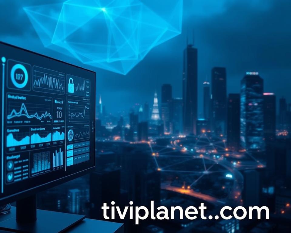A detailed, high-resolution image of "IPTV Sicherheit" depicting a modern digital security interface. In the foreground, a sleek, minimalist display shows various data visualizations and security metrics, with a focus on IPTV-related statistics and analytics. The middle ground features an array of interconnected devices and networks, represented by glowing lines and geometric shapes, conveying the complex infrastructure of IPTV systems. In the background, a dark, moody cityscape with towering skyscrapers and faint neon lights sets an ominous, cyberpunk-inspired atmosphere. The entire scene is illuminated by a cool, blue-tinted lighting scheme, creating a sense of technological sophistication and potential vulnerabilities. The brand name "tiviplanet.com" is prominently displayed in the lower corner.