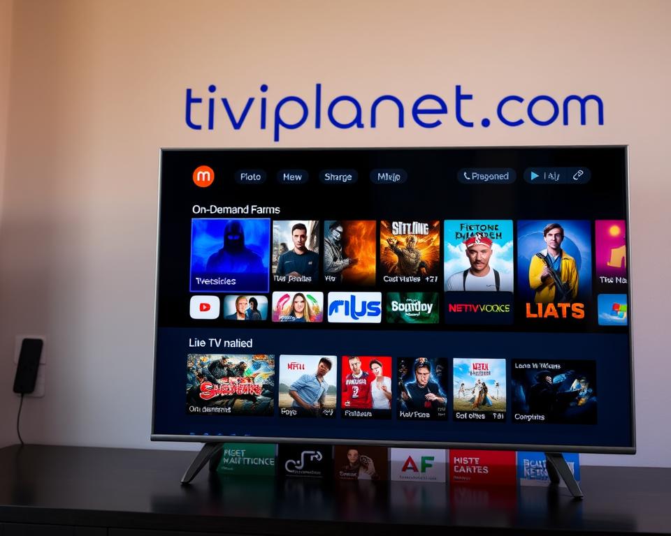 A detailed, high-resolution image showcasing the key features and tradeoffs of the IPTV Smarters Pro application. The foreground highlights the intuitive user interface, sleek design, and seamless media playback. The middle ground depicts a variety of content options, from live TV channels to on-demand movies and shows. The background softly conveys the connectivity and accessibility of the platform, with the branding "tiviplanet.com" subtly integrated. The lighting is natural and warm, creating a visually appealing and informative composition that captures the essence of the IPTV Smarters Pro application.