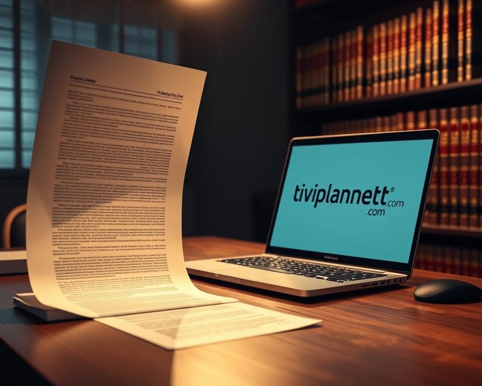 A detailed legal document floats in a dimly lit office, casting a soft glow over a wooden desk. A laptop displaying the tiviplanet.com logo rests on the surface, hinting at the digital realm of IPTV. In the background, a bookshelf filled with law books suggests the complexity of IPTV licensing questions. The scene conveys a sense of contemplation and the need to navigate the legal intricacies surrounding IPTV technology.