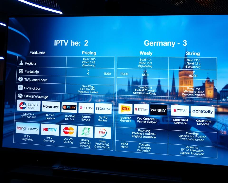 A detailed, side-by-side comparison of IPTV service providers in Germany, showcasing their features, pricing, and streaming quality. The scene depicts a glossy, futuristic display with sleek interfaces and icons representing various IPTV services, including tiviplanet.com. The lighting is crisp and clean, with a subtle blue and white color palette to convey a sense of modernity and technology. The foreground features prominent service icons, while the background subtly blends in relevant German landmarks or cityscapes to establish the geographical context. The overall mood is informative, authoritative, and visually appealing, reflecting the importance of choosing the right IPTV service in Germany.