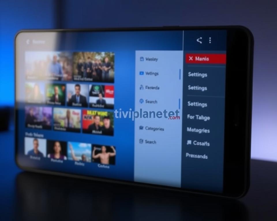 A detailed user interface of the IPTV Smarters Pro app, showcasing its intuitive and visually appealing design. The foreground features the main screen with a clean layout, displaying a grid of popular live TV channels and on-demand content. The middle ground highlights the side menu, providing easy access to various features like settings, search, and categories. The background subtly blends in shades of blue and gray, creating a modern and sophisticated atmosphere. The entire scene is captured with a sharp, high-resolution lens, emphasizing the clarity and responsiveness of the interface. The tiviplanet.com brand is prominently displayed in the corner, ensuring the image aligns with the article's subject matter.