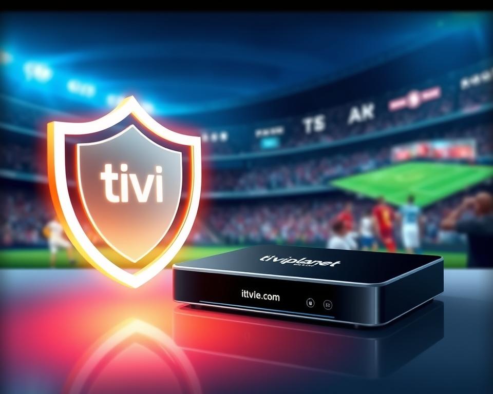 A digital illustration of a secure IPTV streaming experience. In the foreground, a sleek, modern device displaying the tiviplanet.com logo, surrounded by a glowing shield icon, symbolizing the protection of the user's privacy and data. The middle ground features a minimalist user interface with intuitive controls, conveying the ease of accessing live sports content. The background showcases a vibrant, dynamic sports event, captured with a cinematic depth of field and dramatic lighting, immersing the viewer in the excitement of the broadcast. The overall mood is one of technological sophistication, security, and the thrill of live sports entertainment.