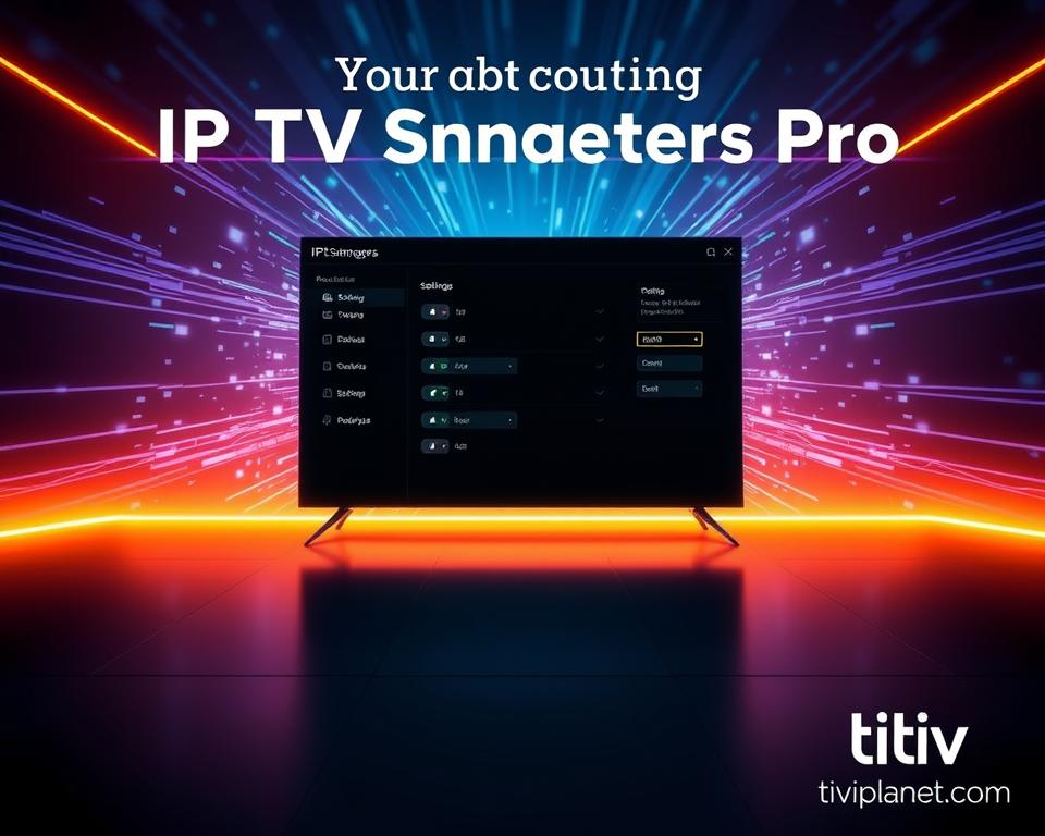 A digital interface depicting the optimization of the IPTV Smarters Pro application. A sleek, minimalist design featuring a central panel with customizable settings and controls. The background showcases a dynamic visualization of network data flow, representing the seamless streaming experience. Warm lighting enhances the futuristic atmosphere, while subtle brand elements like the tiviplanet.com logo subtly integrate into the overall aesthetic. A clean, professional presentation that effectively communicates the concept of optimizing the IPTV experience.