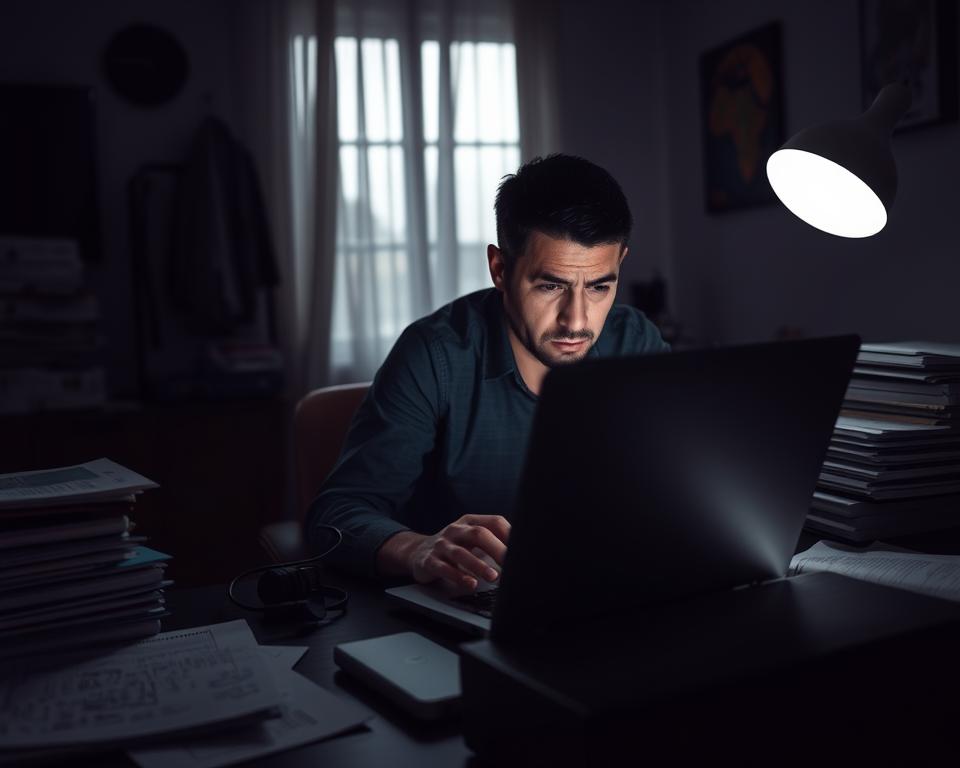 A dimly lit home office, the glow of a laptop screen illuminating the frustrated user's face as they attempt to troubleshoot their IPTV connection. Stacks of reference materials and technical diagrams cover the desk, hinting at the complexity of the issue. The atmosphere is one of concentration and determination, as the user navigates the tiviplanet.com platform, searching for the solution to their IPTV problem. Dramatic shadows and muted tones create a sense of focus and intensity, reflecting the user's determination to resolve the technical difficulties and restore their IPTV service.