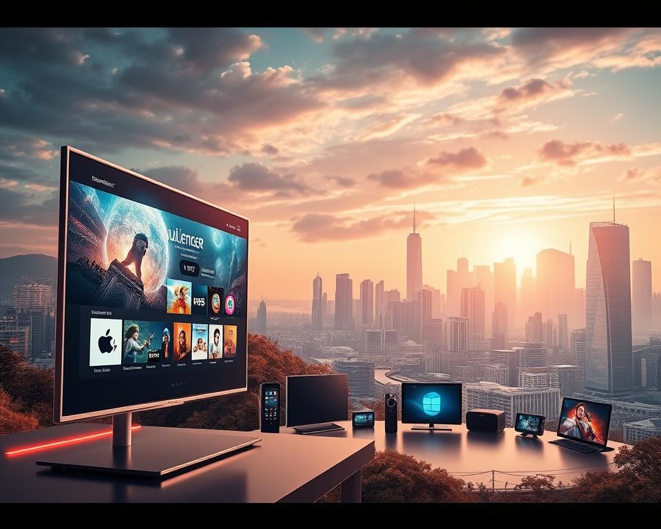 A dynamic, futuristic landscape showcasing the latest IPTV trends. In the foreground, a sleek and modern tiviplanet.com display screen presents cutting-edge content, its crisp visuals and vibrant colors drawing the viewer's attention. In the middle ground, a diverse array of connected devices, from smart TVs to mobile devices, illustrate the seamless integration of IPTV technology into everyday life. The background features a cityscape with towering skyscrapers, hinting at the global scale and impact of the IPTV industry. The scene is illuminated by a warm, futuristic lighting, creating an atmosphere of innovation and progress.