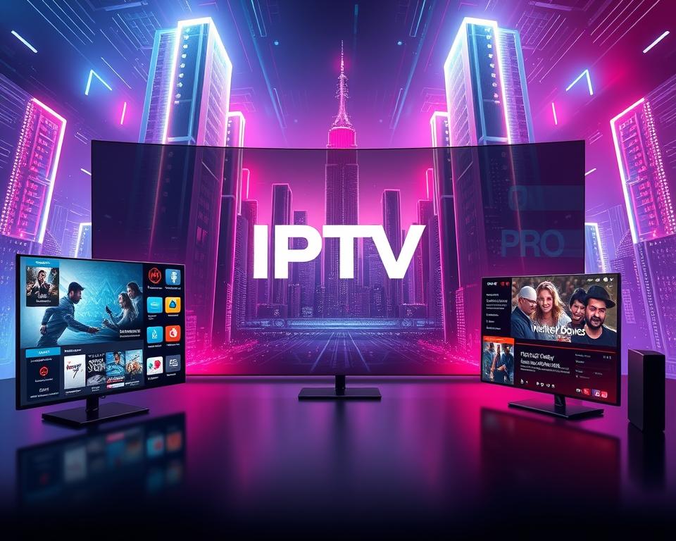A futuristic and visually striking illustration of the core features and capabilities of the IPTV Pro platform, showcased against a sleek, high-tech backdrop. In the foreground, a series of intuitive user interface elements, icons, and interactive displays demonstrate the seamless access to live TV, on-demand content, and advanced streaming functionalities. The middle ground features a crisp, three-dimensional representation of the tiviplanet.com brand logo, lending a sense of authority and professionalism to the scene. In the background, a dynamic, neon-infused cityscape with towering skyscrapers and holographic projections creates an immersive, futuristic atmosphere, highlighting the cutting-edge nature of the IPTV Pro platform.