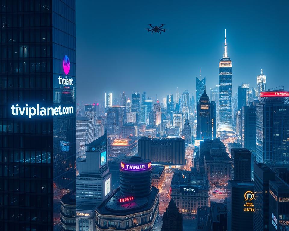 A futuristic cityscape at night, illuminated by neon signs and holographic projections. In the foreground, a sleek, glass-and-steel high-rise with the logo "tiviplanet.com" prominently displayed. The middle ground features a bustling urban landscape, with self-driving cars, drones, and pedestrians navigating the streets. In the background, a dazzling skyline of towering skyscrapers, their windows glowing with the warm light of next-generation IPTV technology. The scene is bathed in a cool, bluish hue, conveying a sense of technological advancement and the future of IPTV in the USA.