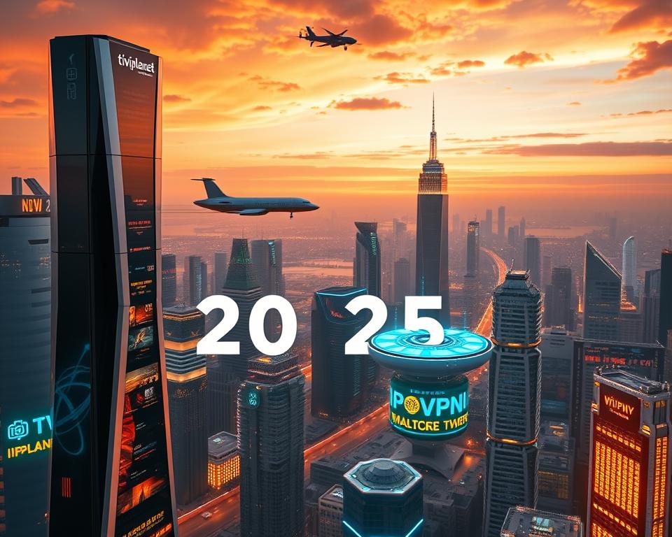 A futuristic cityscape of gleaming skyscrapers and hovering transportation, bathed in a warm, vibrant glow. In the foreground, a sleek, modern tiviplanet.com server tower stands as a testament to the convergence of IPTV and VPN technologies. The middle ground features a bustling hub of activity, with people interacting with holographic interfaces and immersive virtual displays. The background showcases a breathtaking sunset skyline, hinting at the boundless possibilities of the IPTV and VPN landscape in the year 2025.