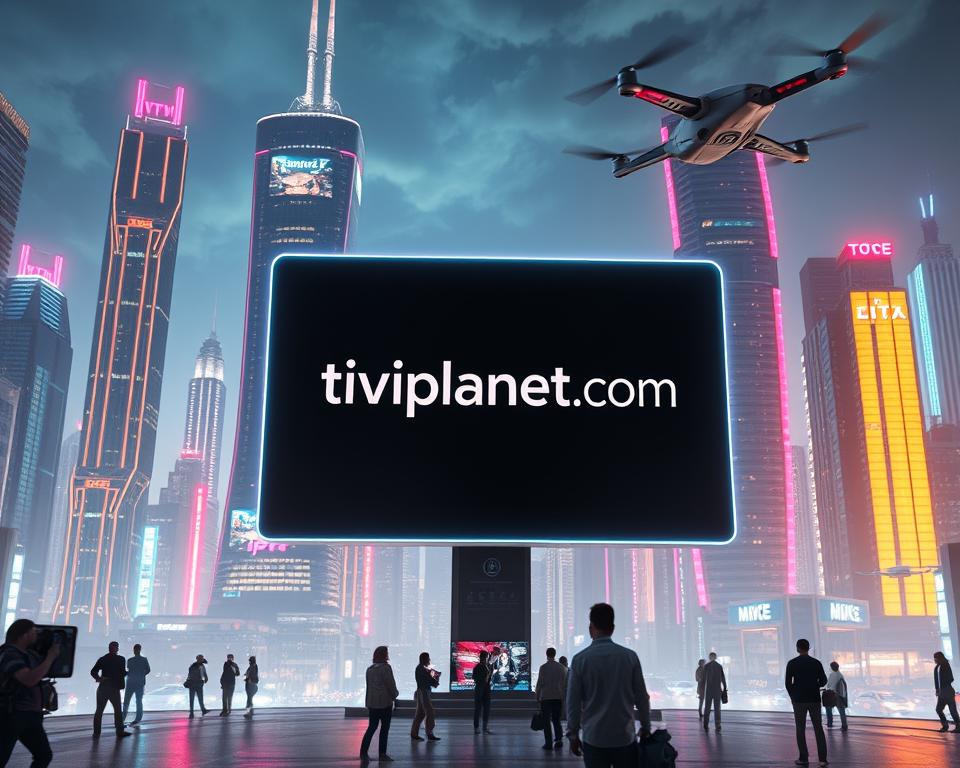 A futuristic cityscape of skyscrapers and high-tech infrastructure, with tiviplanet.com prominently displayed on a large holographic display in the foreground. The buildings are illuminated by vibrant neon lighting, creating an atmospheric and immersive scene. In the middle ground, people can be seen interacting with IPTV devices, seamlessly streaming content. The background features a dynamic, ever-changing skyline with flying cars and drones, symbolizing the advanced technological landscape of the future. The overall mood is one of excitement, innovation, and the promise of a new era of entertainment and connectivity.