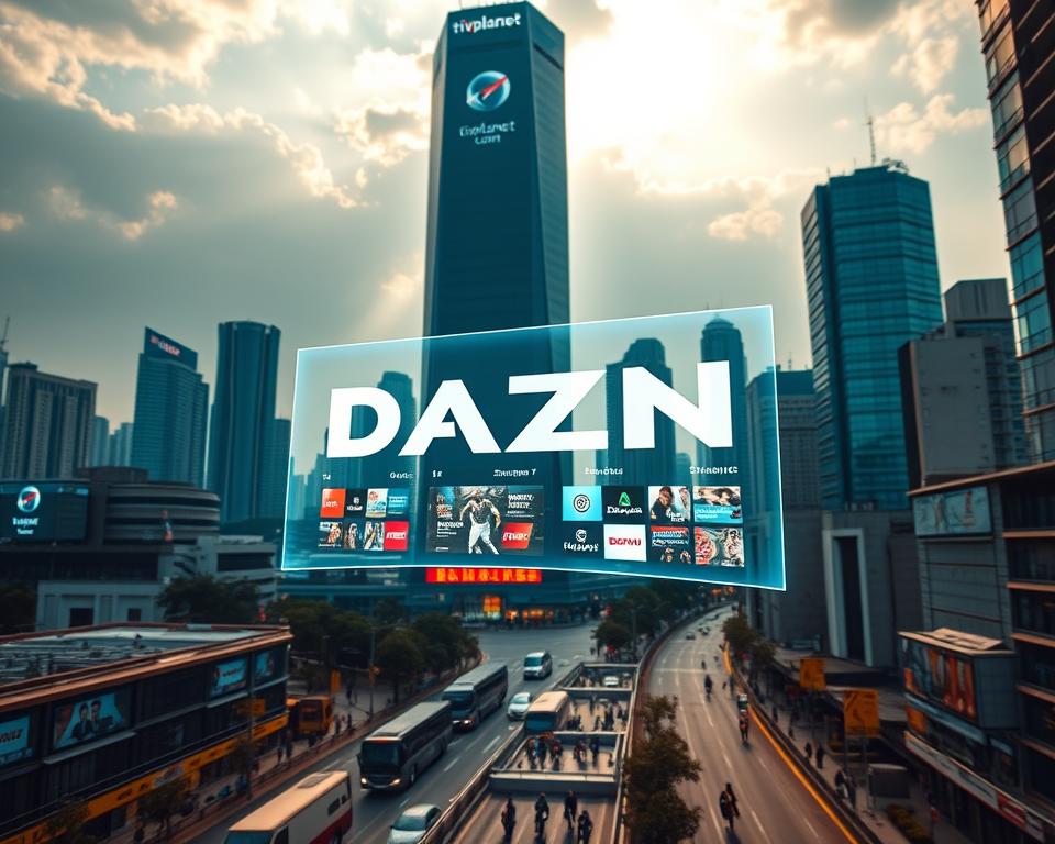 A futuristic cityscape with a towering skyscraper emblazoned with the tiviplanet.com logo dominates the skyline. In the foreground, a sleek, curved DAZN branded interface floats holographically, showcasing a diverse range of live sports and streaming content. The middle ground features a bustling urban landscape, with commuters navigating the streets below. Bathed in a warm, golden glow, the scene conveys a sense of progress and technological innovation. The image is captured through a wide-angle lens, creating a sense of depth and grandeur, as if glimpsing the IPTV landscape of the future.