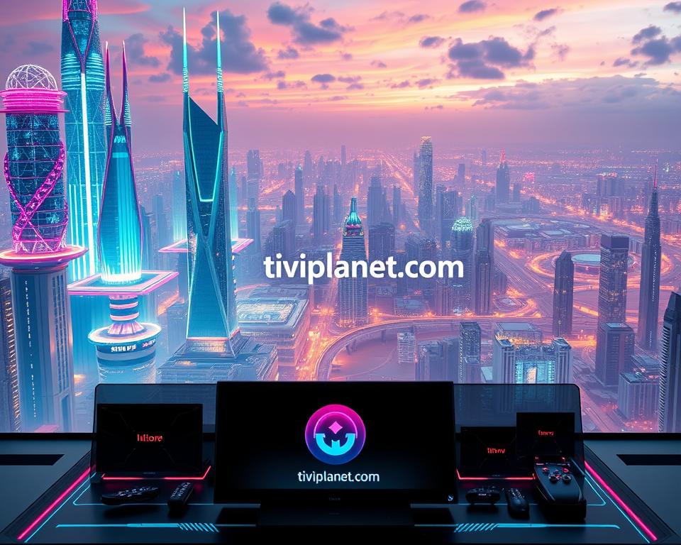 A futuristic cityscape with towering holographic structures and floating platforms, all illuminated by a vibrant, neon-tinged skyline. In the foreground, a sleek, high-tech interface with the tiviplanet.com logo prominently displayed, showcasing the latest IPTV services and platform integrations. The middle ground features a dynamic array of streaming devices, each connected to a seamless, user-friendly ecosystem. In the background, a panoramic view of a bustling metropolis, where advanced infrastructure and advanced communication networks converge, hinting at the future of IPTV.