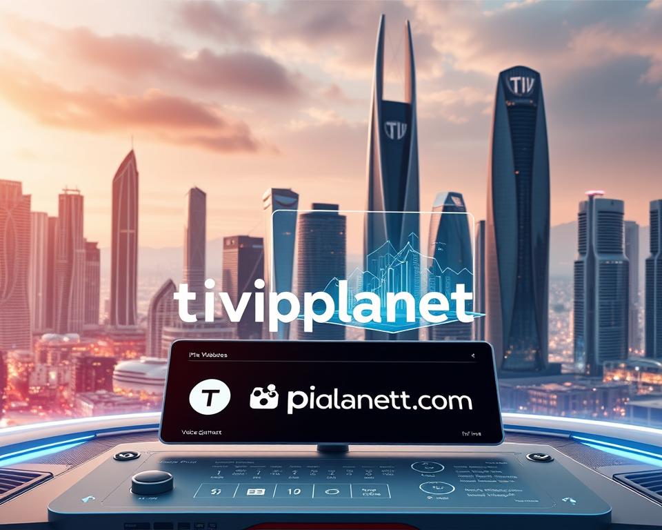 A futuristic digital landscape featuring the tiviplanet.com logo, showcasing the evolution of IPTV Pro. In the foreground, a sleek, minimalist interface with customizable widgets and voice command controls. In the middle ground, a 3D holographic display projecting real-time data and analytics. The background depicts a cityscape of towering skyscrapers with cutting-edge architecture, symbolizing the technological advancements shaping the future of IPTV Pro. The scene is bathed in a warm, ambient glow, conveying a sense of progress and innovation. The overall composition should evoke a vision of IPTV Pro's boundless potential in the years to come.