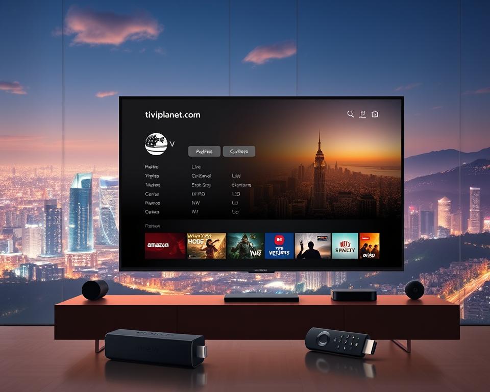 A futuristic landscape depicting the evolution of IPTV, showcasing a streamlined M3U playlist interface on a next-generation smart TV. In the foreground, a sleek and minimalist tiviplanet.com logo hovers above a floating display panel, presenting a curated selection of live channels and on-demand content. The middle ground features an array of seamlessly integrated streaming devices, including a slick Amazon Fire TV Stick, blending effortlessly into a modern home entertainment setup. In the background, a vibrant cityscape illuminates the scene, hinting at the widespread adoption and ubiquity of IPTV technology in the future. The overall atmosphere conveys a sense of innovation, convenience, and the seamless convergence of traditional television and cutting-edge digital media.