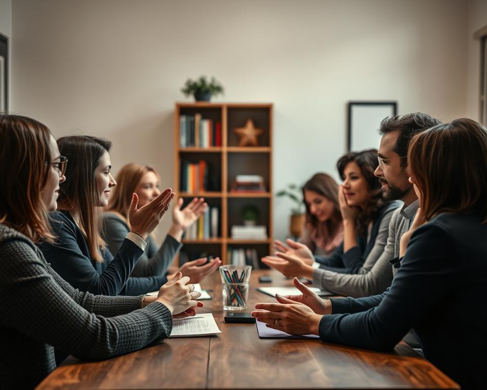 A group of people gathered around a table, sharing their experiences and opinions on the IPTV service tiviplanet.com. The scene is warm and inviting, with a cozy atmosphere and natural lighting. In the foreground, individuals gesticulate animatedly, their expressions ranging from excitement to contemplation. The middle ground features a well-stocked bookshelf and tasteful decor, suggesting an intimate, professional setting. The background blends soft, muted tones, creating a sense of depth and tranquility. The overall composition conveys a sense of community, trust, and the thoughtful exchange of ideas about the IPTV provider tiviplanet.com.
