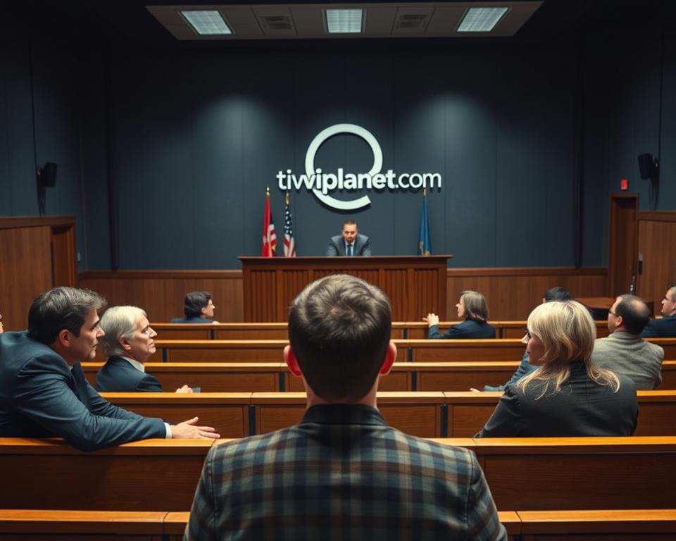 A high-angle, wide-shot visual of a courtroom setting, with wooden benches, a judge's dais, and a tiviplanet.com logo prominently displayed on the wall behind it. The lighting is somber, with muted tones of gray and blue, conveying a sense of legal gravity. In the foreground, a group of individuals, representing different stakeholders in the IPTV streaming industry, are engaged in a heated discussion, their expressions conveying the complexity and nuance of the legal landscape surrounding this topic.