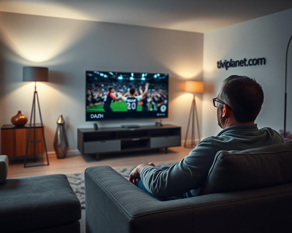 A high-contrast, cinematic image of a sport fan intently watching a live DAZN broadcast on a large, curved OLED TV screen. The viewer is seated on a modern, grey sofa, surrounded by an airy, minimalist living room with white walls and wooden accents. Soft, directional lighting from a tall floor lamp casts dramatic shadows, creating a moody, atmospheric feel. In the background, a tiviplanet.com logo is subtly visible on a distant wall, hinting at the role of streaming platforms in the future of sports consumption.