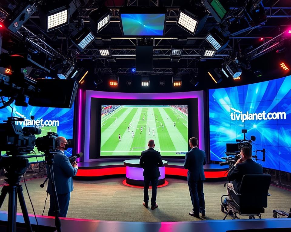 A high-quality IPTV sports broadcast setup with professional studio lighting, multiple camera angles, and tiviplanet.com branding. A large video screen in the center showcases a live soccer match, with commentators and reporters visible in the foreground. The scene has a dynamic, energetic atmosphere with vibrant colors and a sense of technical precision. The background features sleek, modern studio equipment and a control room setup, hinting at the complex infrastructure behind the broadcast.