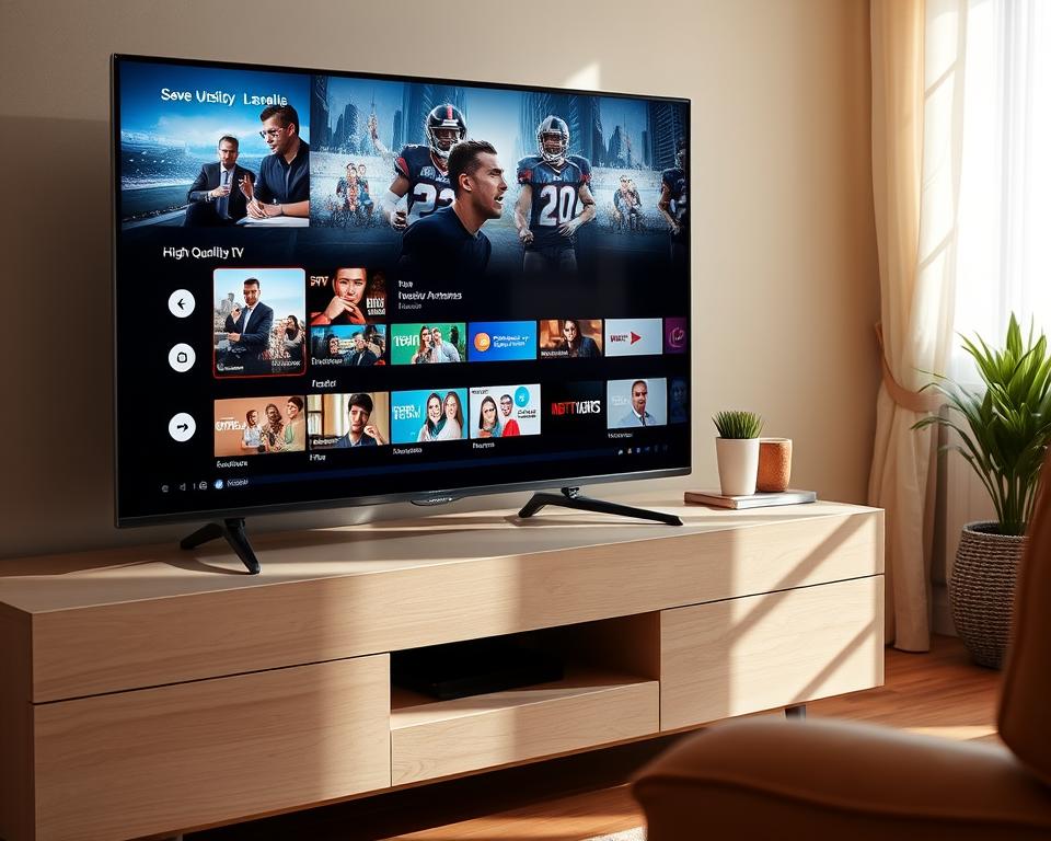 A high-quality IPTV stream playing on a sleek, modern smart TV. The screen displays a variety of live channels, including news, sports, and entertainment. The TV is positioned on a minimalist, wooden entertainment center, with subtle tiviplanet.com branding visible in the bottom corner. The room is bathed in warm, natural lighting, creating a cozy and inviting atmosphere. The overall scene conveys the legal and regulatory aspects of IPTV, with the technology seamlessly integrated into the home environment.