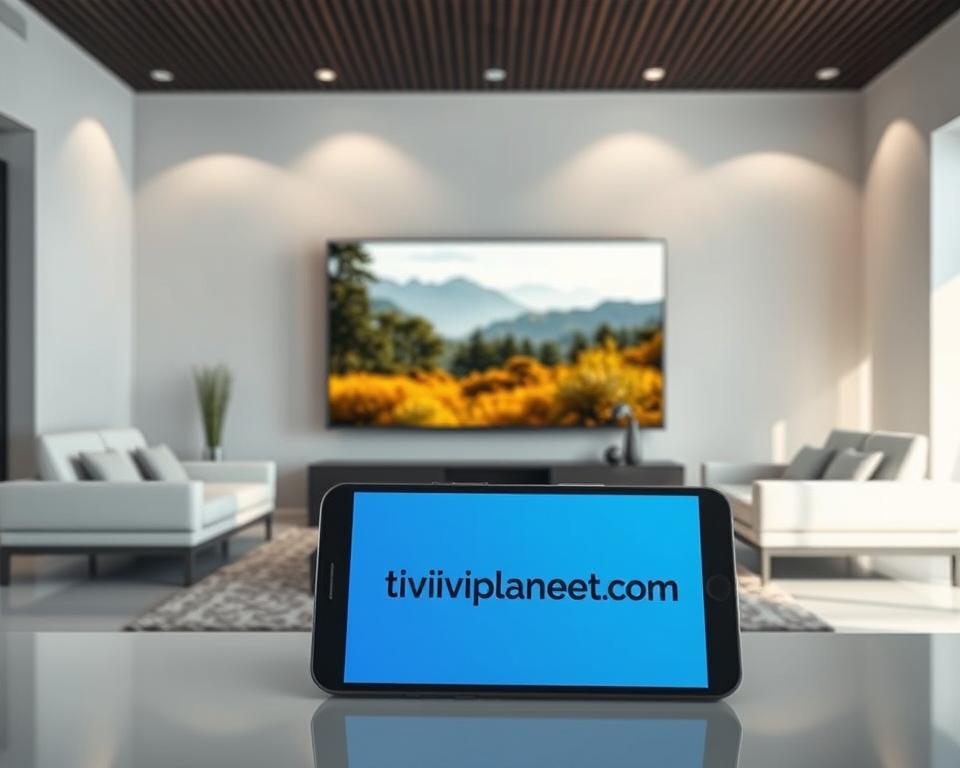 A high-quality IPTV streaming service showcasing crystal-clear 4K resolution, vibrant colors, and smooth framerate. The scene depicts a minimalist living room setting with a large flat-screen TV displaying a nature documentary, surrounded by sleek, modern furniture. Soft, diffused lighting illuminates the space, creating a cozy, immersive atmosphere. In the foreground, a smartphone or tablet prominently displays the tiviplanet.com brand, highlighting the seamless integration of the IPTV service into the user's digital lifestyle.