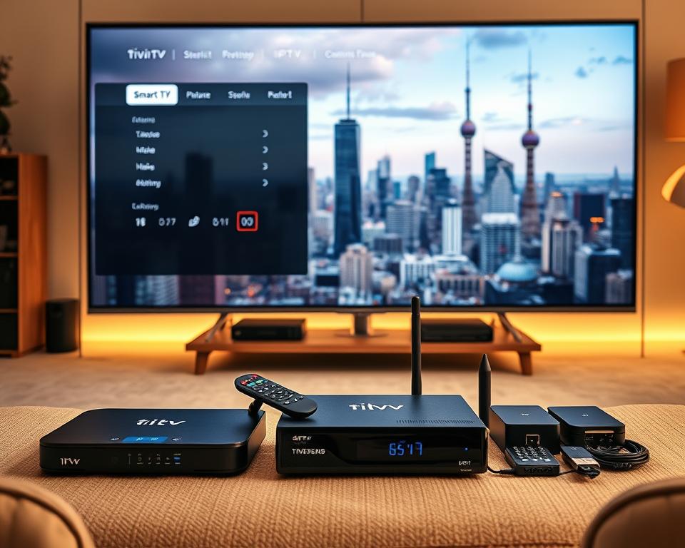 A high-quality IPTV streaming setup with tiviplanet.com platform in the foreground, showcasing a sleek and modern interface on a large television screen. In the middle ground, various streaming devices like set-top boxes, dongles, and smart TVs are neatly arranged, representing the versatility of IPTV technology. The background features a cityscape with skyscrapers and communication towers, symbolizing the ubiquity of the internet and the global reach of online streaming. The scene is bathed in warm, soft lighting, creating a cozy and inviting atmosphere that captures the convenience and reliability of the IPTV experience.