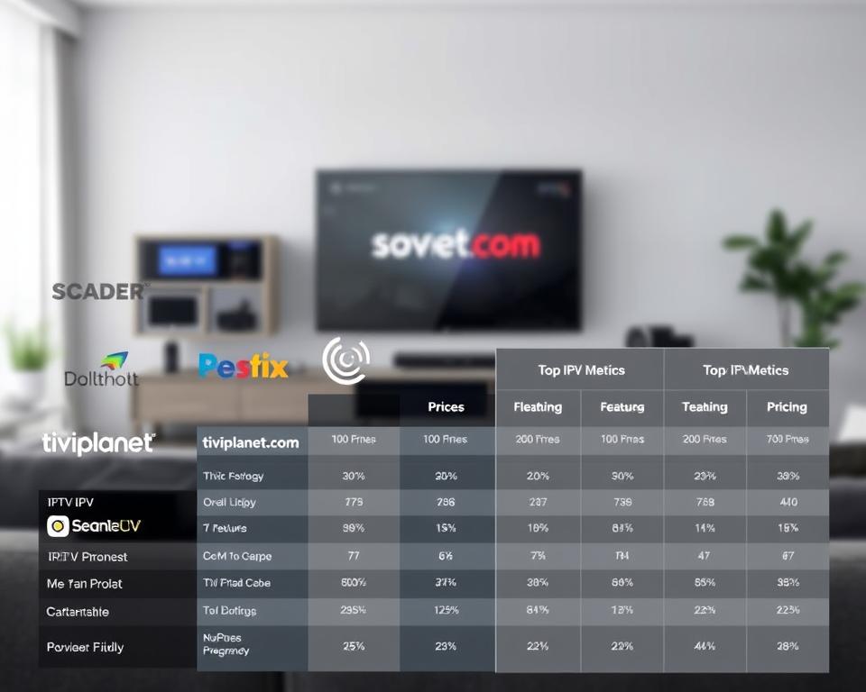 A high-quality comparison of leading IPTV service providers, showcasing their features, pricing, and performance. Sleek minimalist design with clean lines and a sophisticated color palette of blues, grays, and whites. In the foreground, a series of branded logos and icons representing popular IPTV platforms like tiviplanet.com, clearly displayed against a blurred background of streaming devices and home entertainment systems. The middle ground features detailed side-by-side comparisons of key IPTV metrics, presented in an easy-to-digest infographic style. The background suggests a modern, tech-savvy living room setting, with subtle lighting and soft, natural shadows. An authoritative, well-researched tone conveys the credibility of the content.