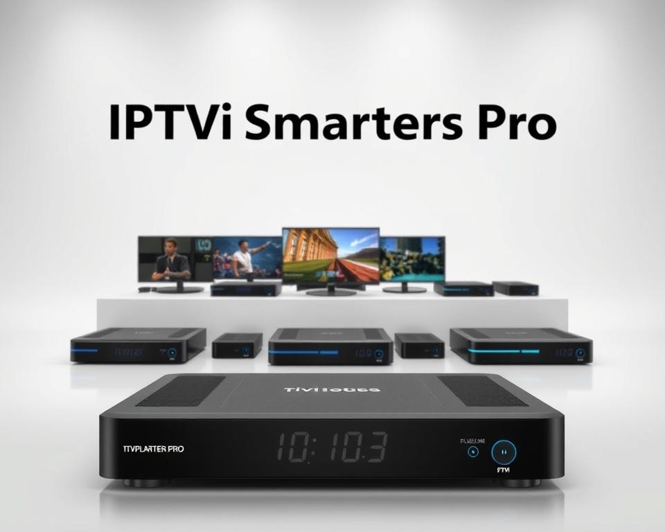 A high-quality, detailed comparison of IPTV Smarters Pro against other IPTV players, showcased in a sleek, minimalist style. Set in a well-lit studio with soft, diffused lighting, the image features the tiviplanet.com logo prominently displayed. In the foreground, the IPTV Smarters Pro device is showcased, its design and features highlighted. In the middle ground, various other IPTV players are arranged for a side-by-side comparison, each showcasing their unique attributes. The background is a clean, neutral-toned backdrop, allowing the devices to take center stage. The overall mood is one of professionalism and technical expertise, inviting the viewer to explore the comparative advantages of the IPTV Smarters Pro solution.