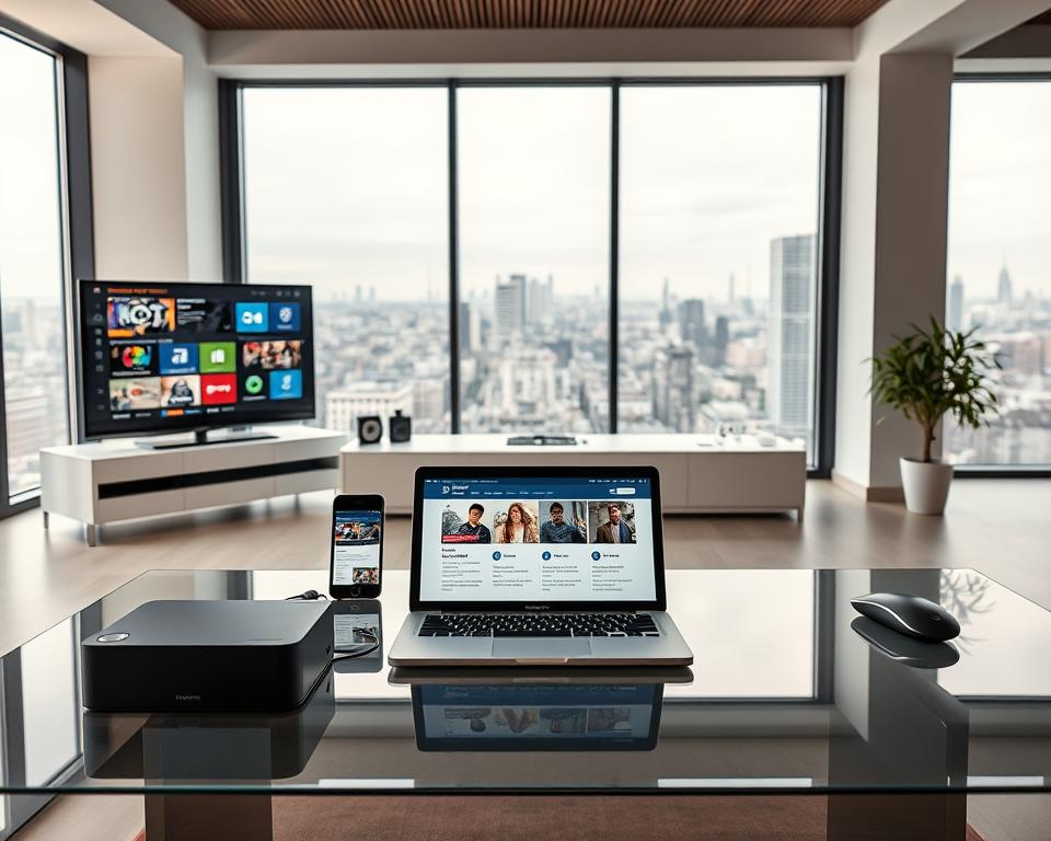 A high-quality, detailed comparison of IPTV services and independent test reports, presented in a clean, modern layout. In the foreground, an array of digital devices, including a smart TV, tablet, and smartphone, displaying various IPTV platforms and their features. In the middle ground, a sleek, glass-topped table with a laptop open, showcasing the tiviplanet.com website, providing in-depth analysis and recommendations. The background features a minimalist, well-lit office setting, with a large window overlooking a cityscape, conveying a professional, authoritative atmosphere. The overall scene exudes a sense of technological sophistication and trustworthiness, perfectly suited to illustrate the "Testberichte und unabhängige Vergleiche" section of the article.