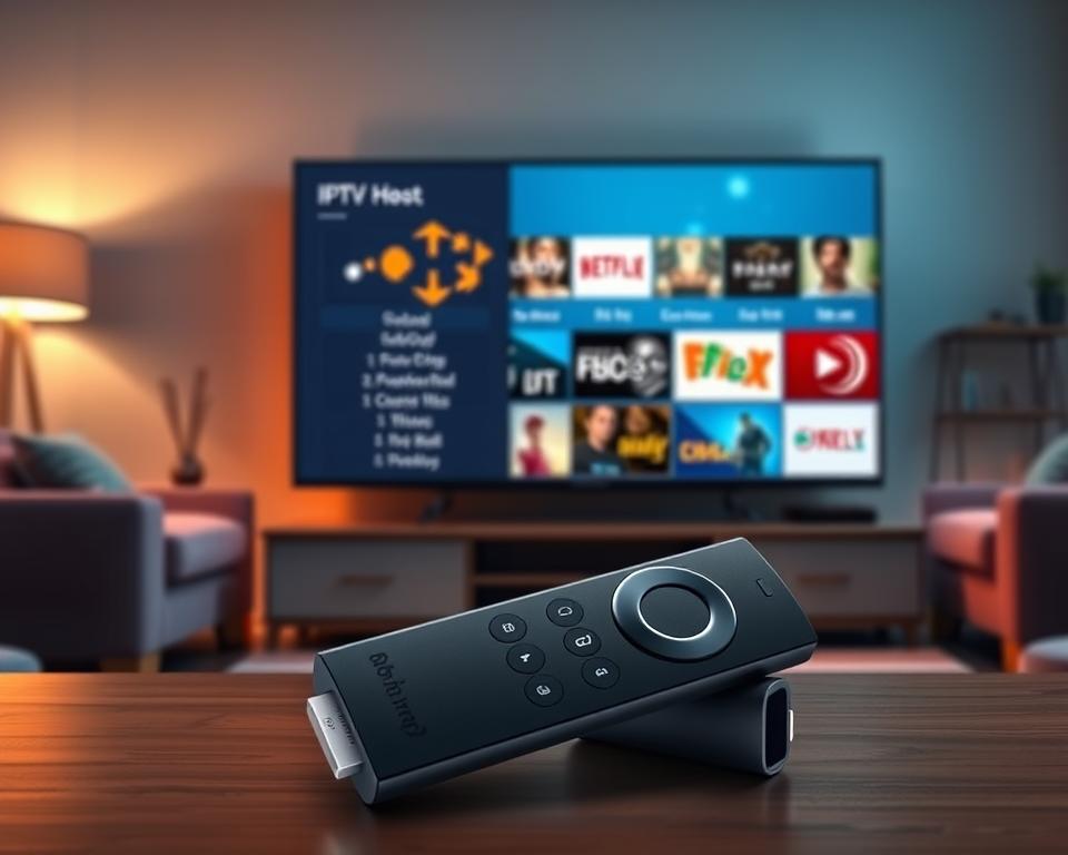 A high-quality, detailed illustration of an IPTV M3U playlist being used on a smart TV. The scene depicts a living room environment with a sleek, modern Amazon Fire TV Stick in the foreground, its interface showcasing a comprehensive IPTV channel list from tiviplanet.com. The background features a large, high-definition television screen displaying various channels, with a minimalist, user-friendly UI. Soft, warm lighting creates a cozy, inviting atmosphere, and the composition emphasizes the seamless integration of IPTV technology into the home entertainment setup. The overall image conveys the ease and convenience of using IPTV M3U playlists on the Amazon Fire TV Stick.