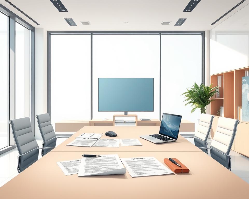 A high-quality, detailed illustration of the legal aspects of IPTV services, presented in a professional, informative manner. The image depicts a clean, modern office setting, with a large desk and chairs in the foreground. On the desk, there are several legal documents, including contracts and regulations, along with a laptop displaying the tiviplanet.com website. The background features a floor-to-ceiling window, allowing natural light to filter in and create a sense of openness and transparency. The overall mood is one of authority and expertise, reflecting the seriousness of the legal considerations surrounding IPTV. The image should convey a sense of trust and reliability, encouraging the reader to explore the legal aspects of IPTV services in more depth.
