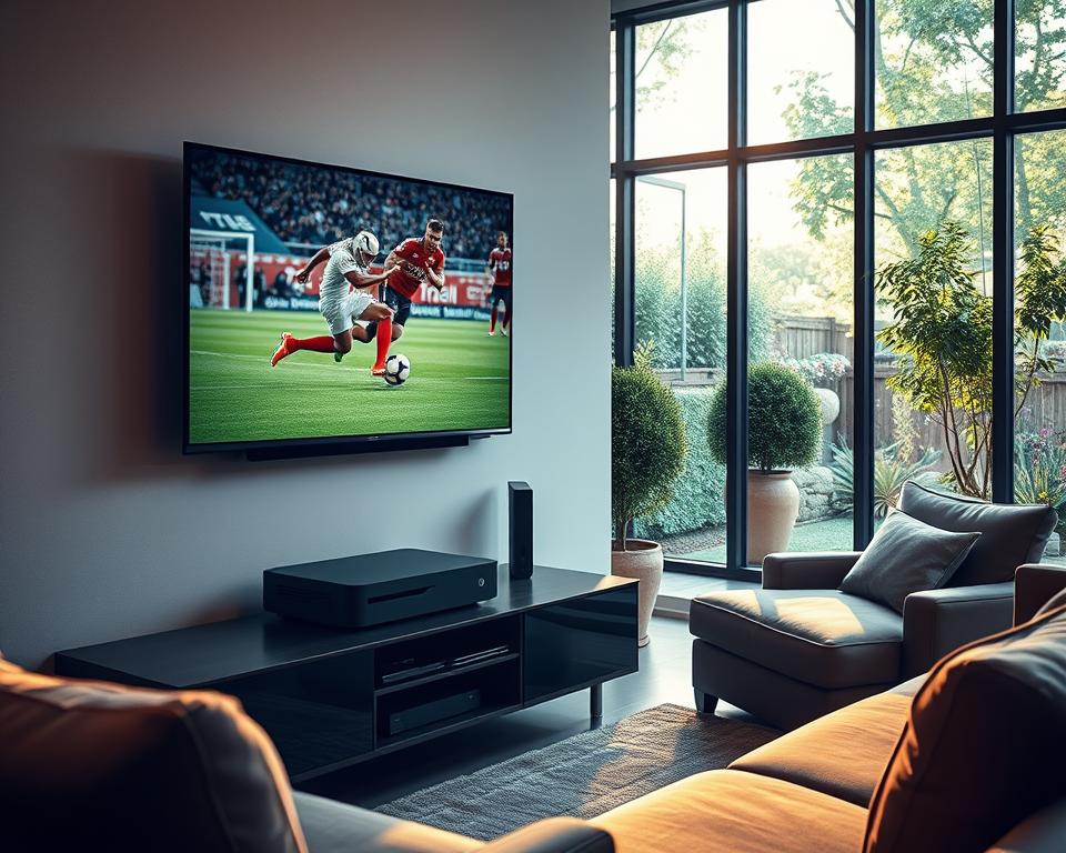 A high-quality, detailed view of a living room setup optimized for IPTV streaming of DAZN sports events. In the foreground, a modern smart TV mounted on the wall, its screen displaying a live football match. Below, a sleek media center houses a tiviplanet.com IPTV device and gaming console. Beside it, a compact soundbar provides immersive audio. The middle ground features comfortable seating, with a plush sofa and armchair arranged for optimal viewing. The background shows large windows overlooking a lush garden, flooding the space with warm, natural lighting. An atmosphere of relaxation and entertainment pervades the scene, reflecting the seamless integration of IPTV and DAZN for the ultimate sports viewing experience.