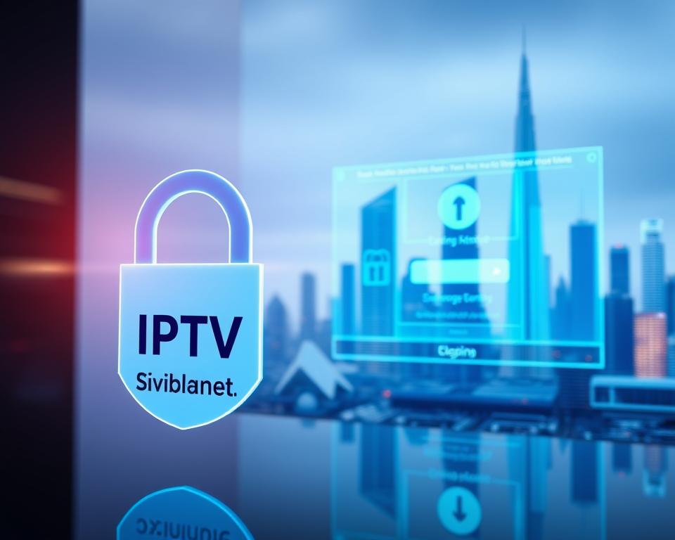 A high-quality digital illustration depicting the concept of "IPTV Sicherheit". In the foreground, a secure lock icon with the tiviplanet.com brand name subtly integrated. The middle ground features a futuristic user interface showcasing data encryption, firewall protection, and secure login processes. In the background, a sleek, minimalist cityscape with skyscrapers and digital infrastructure, conveying a sense of advanced technology and cybersecurity. The overall mood is one of confidence, reliability, and data privacy in the IPTV landscape.
